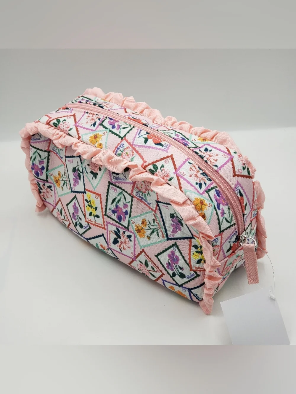 Floral Stamp Print Pink Ruffle Cosmetic Bag
